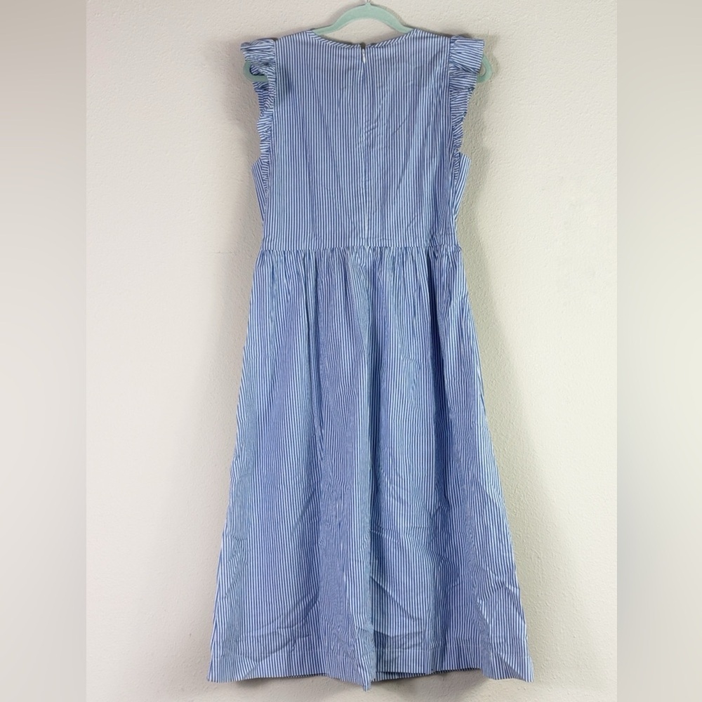 J. Crew Smocked flutter-sleeve midi dress blue white striped size medium - Picture 2 of 8